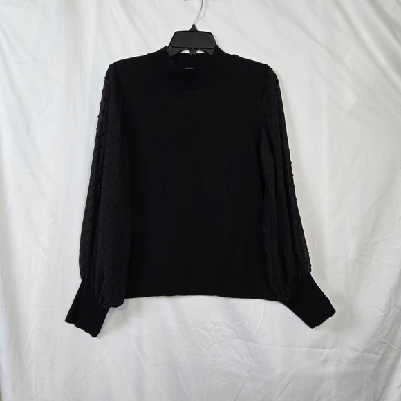 Vince Camuto Tops - Vince Camuto Womens Black Mock Neck Long Chiffon Swiss Dot Sleeves Sweater Top L